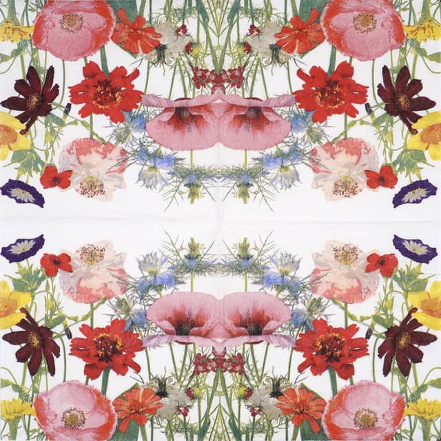 Fully opened "Wildflower Garden" napkin showing a mirrored floral arrangement with poppies, cornflowers, and wildflowers on a white background.