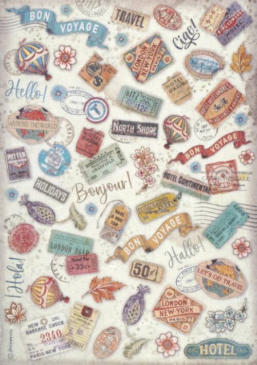 Stamperia Rice Paper - Art of Travelling - Labels