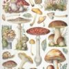Detailed decoupage rice paper featuring a diverse collection of realistically illustrated mushrooms and fungi in various shapes, sizes, and earthy colors, interspersed with green ferns, dried grasses, and snails, on a light background.