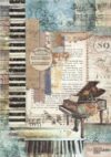 Decoupage rice paper featuring a vintage collage design with elements of musical scores, faded script, ornate patterns, and distressed textures. A classic grand piano is prominent on the bottom right, with piano keys on the left edge and various musical motifs and text elements throughout.