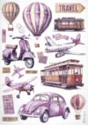 Decoupage rice paper featuring various vintage modes of transportation including purple and brown hot air balloons, a purple scooter, a white and red airplane, a brown streetcar, a small purple biplane, and a purple Volkswagen Beetle car. The design is complemented by "TRAVEL" text, "BON VOYAGE" text, and various postal stamp-like elements, all on a light background.