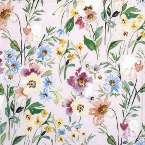 Quarter view of IHR Beauty of Spring Light-Rose napkin featuring a dense, repeating pattern of watercolor-style spring flowers in pink, purple, blue, and yellow on a light rose background.