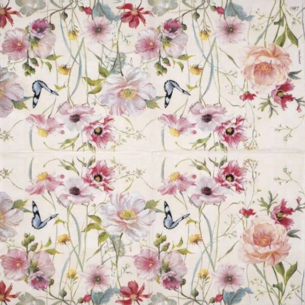 Full napkin with repeating wildflower motifs on pale pink background – Living Wildflowers Light Rose design.