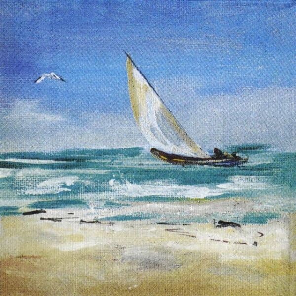 Quarter view of a nautical-themed napkin with a sailboat on calm blue water, painted in soft watercolour tones