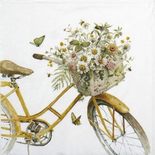Close-up of vintage yellow bicycle with basket of pink and white flowers on white background – IHR Flower Bike napkin