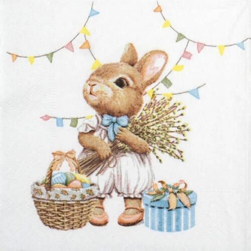Decoupage napkin featuring four symmetrically arranged, adorable brown bunnies wearing blue bows and white overalls, holding bundles of twigs. Each bunny is accompanied by a woven Easter basket filled with colorful eggs and a blue striped gift box, surrounded by a festive string of pastel-colored flags on a white background. Quarter of the napkin.