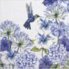 Vibrant decoupage napkin featuring a symmetrical pattern of blue and white flowers, including hydrangeas and hibiscus-like blossoms, with blue hummingbirds actively feeding among them, all on a white background. Quarter of the napkin.