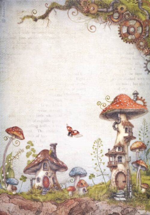 Whimsical decoupage rice paper featuring a magical woodland scene with various detailed mushroom houses and smaller mushrooms, a ladybug flying, and a twisted branch with gears and leaves at the top, all on a textured light background with faint script.