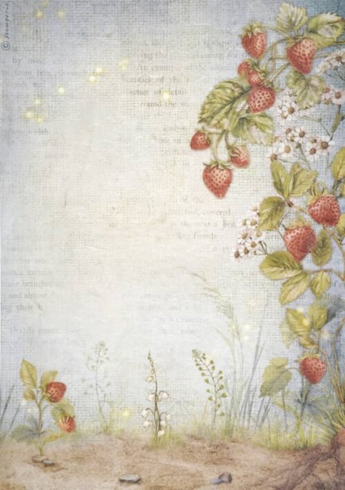Whimsical decoupage rice paper featuring a climbing strawberry vine with ripe strawberries, white blossoms, and green leaves on the right side, and a young strawberry plant with one berry on the left, all on a textured light background with faint script and subtle glowing specks, creating a magical garden scene.