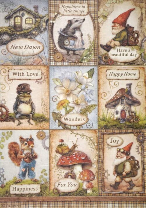 Whimsical decoupage rice paper featuring nine distinct framed panels with various woodland creatures and gnomes, each with an inspirational phrase: a house on a hill with "New Dawn," a hedgehog with "Happiness in little things," a gnome with "Have a beautiful day," a frog with "With Love," white flowers with "Wonders," a mushroom house with "Happy Home," a squirrel with "Happiness," a snail on a mushroom with "For You," and a gnome with "Joy." The panels are bordered with gears and subtle patterns.