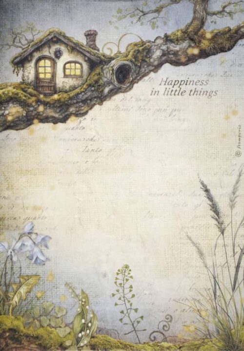 Whimsical decoupage rice paper featuring a cozy, moss-covered house nestled on a large tree branch, with light glowing from its windows, and the text "Happiness in little things." The foreground includes various wildflowers and grasses, all set against a textured light background with faint script and sparkling details.