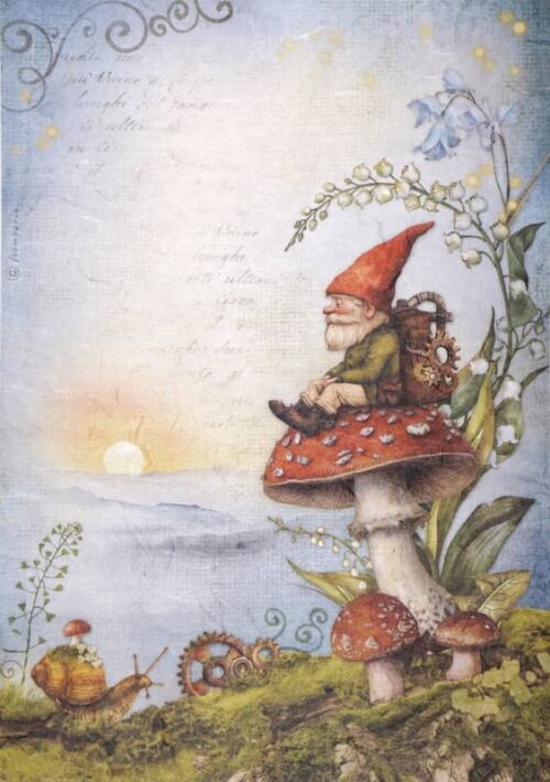 Whimsical decoupage rice paper featuring a charming gnome with a red hat and backpack sitting on a large red mushroom, surrounded by smaller mushrooms, snails, and lily of the valley, with a subtle sunrise and faint script in the background, creating a magical woodland scene.