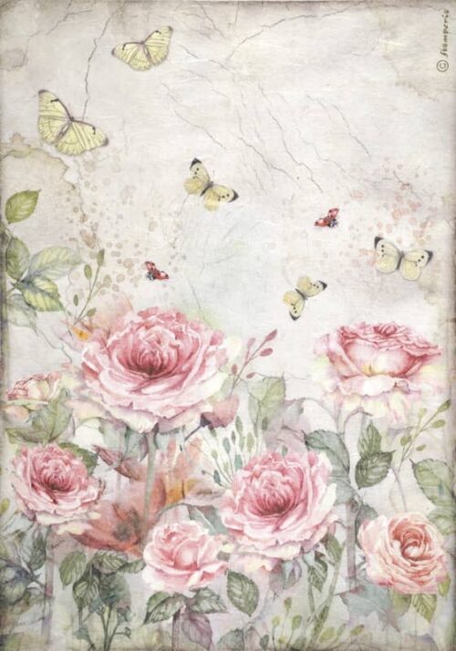 Vintage-inspired decoupage rice paper featuring a romantic scene of large, blooming pink roses with green leaves at the bottom, and several yellow and red butterflies fluttering above, all set against a subtly cracked and textured light background with faint script.