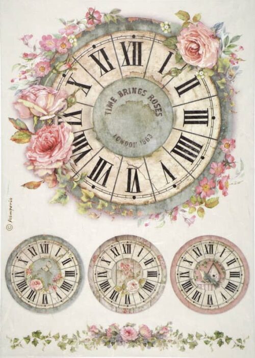 Vintage-inspired decoupage rice paper featuring a large central clock face with Roman numerals and the phrase "TIME BRINGS ROSES LONDON 1863," adorned with pink roses and green foliage. Below it are three smaller matching clock faces and a border of floral garland.