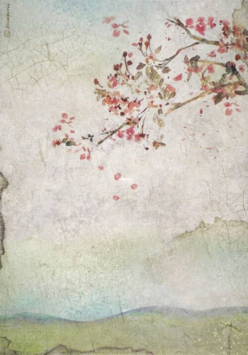 Dreamy decoupage rice paper featuring a minimalist design of a branch with delicate pink blossoms and falling petals, set against a subtly cracked and textured background in serene shades of muted blue, green, and beige, evoking a tranquil natural landscape.