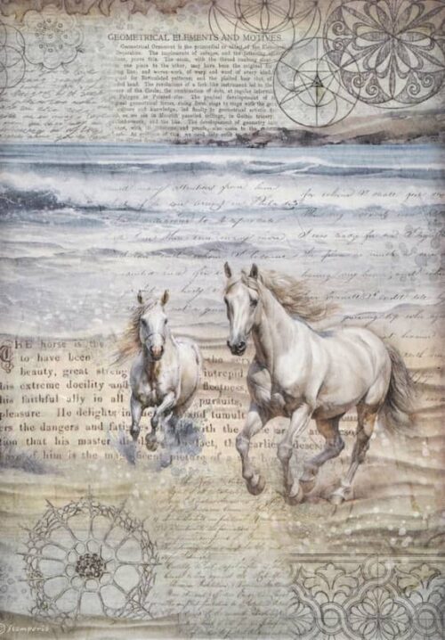Vintage-inspired decoupage rice paper featuring two majestic white horses galloping along a shoreline with crashing waves, layered over a collage of faded script, sheet music, and geometric patterns, creating a dreamy, textured, and artistic ocean theme.