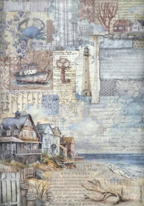 Vintage-inspired decoupage rice paper featuring a layered collage of nautical and coastal elements, including old maps, textured patterns, illustrations of lighthouses, fishing boats, beach houses on stilts, crabs, coral, and driftwood, all in muted blue, beige, and brown tones, with visible handwritten script and "THE OLD MAN AND THE SEA" text.
