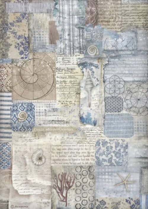 Vintage-inspired decoupage rice paper featuring a layered collage of aged paper, sheet music, handwritten script, maps, and various blue and brown nautical and geometric patterns, accented with seashells, coral, and a starfish, creating a textured, antique maritime aesthetic.