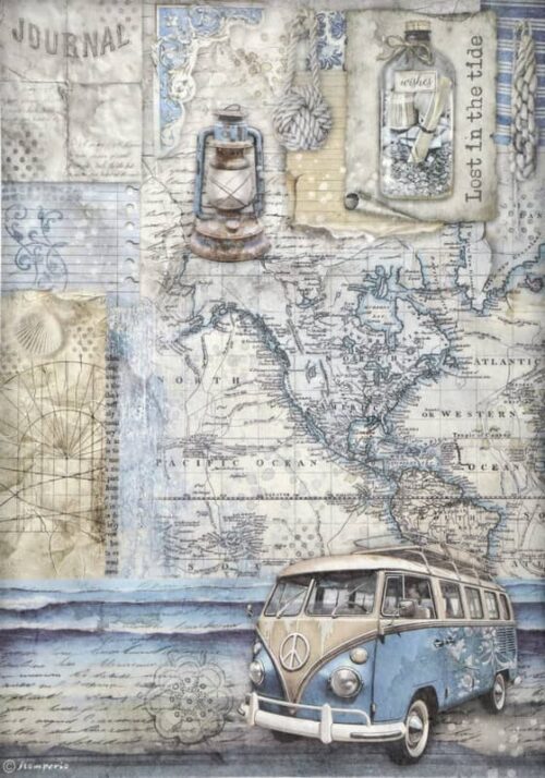 Vintage-inspired decoupage rice paper featuring a collage of travel-themed elements, including a faded world map, sheet music, journal pages, a vintage lantern, a bottle with "wishes" labeled "Lost in the tide," and a classic blue and cream camper van, all in muted blue and brown tones.