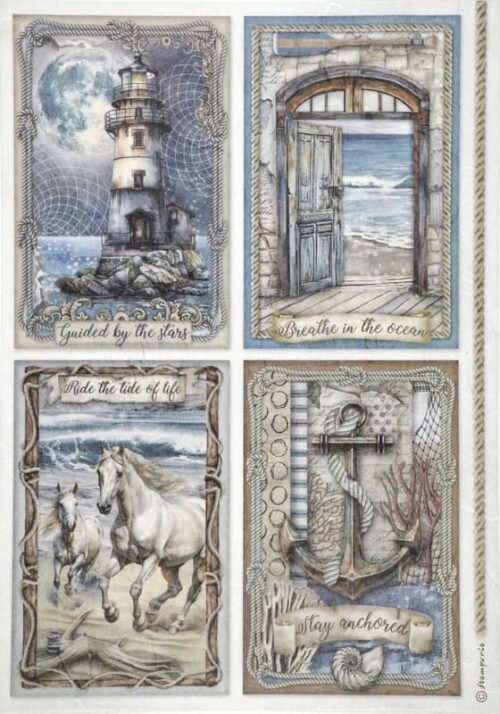Decoupage rice paper featuring four distinct nautical and inspiring panels: a lighthouse under a full moon with "Guided by the stars," an open door to a beach scene with "Breathe in the ocean," white horses galloping on a beach with "Ride the tide of life," and a vintage anchor with seashell and coral with "Stay anchored." Each panel is framed with a rope border.