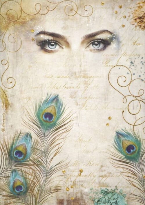 Mystical decoupage rice paper featuring piercing blue eyes with sparkling accents at the top, and several vibrant peacock feathers at the bottom, all set against a textured, light, vintage background with faint script and golden swirling flourishes, creating an ethereal and elegant design.