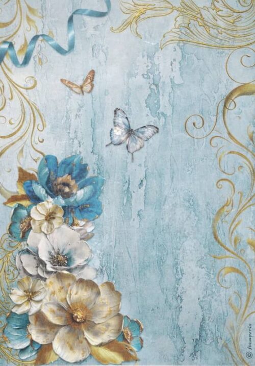 Elegant decoupage rice paper featuring a textured, distressed light blue background with a cascade of blue and cream flowers on the bottom left, gold swirling ornaments and a blue ribbon on the top left, and two butterflies fluttering on the right.