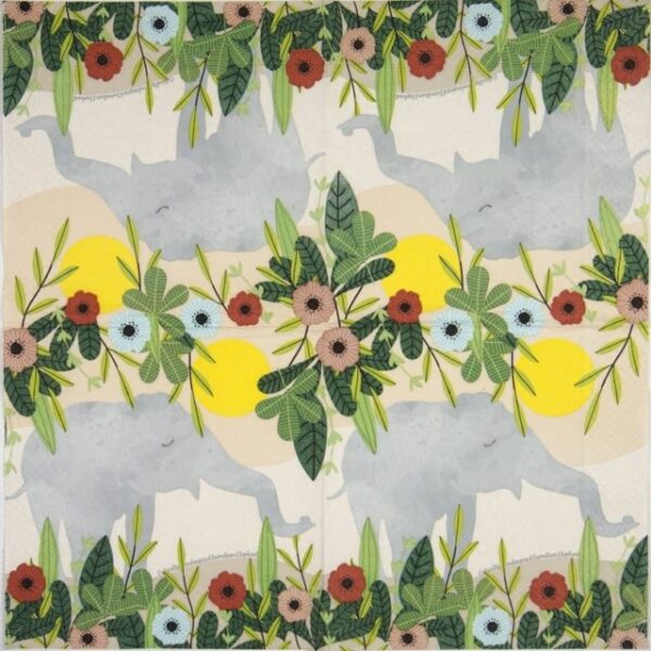 Decoupage napkin featuring a symmetrical pattern with light grey elephant silhouettes emerging from behind vibrant green foliage and various colorful flowers in shades of red, light blue, and pink. A large yellow sun is visible in the background of each quadrant.