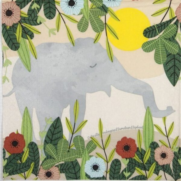 Decoupage napkin featuring a symmetrical pattern with light grey elephant silhouettes emerging from behind vibrant green foliage and various colorful flowers in shades of red, light blue, and pink. A large yellow sun is visible in the background of each quadrant.