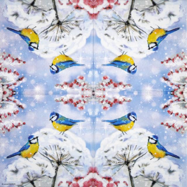 Full paper napkin featuring repeating winter bird motifs, including robins and blue tits among snowy branches and red berries. Ideal for Christmas crafts and festive table décor.