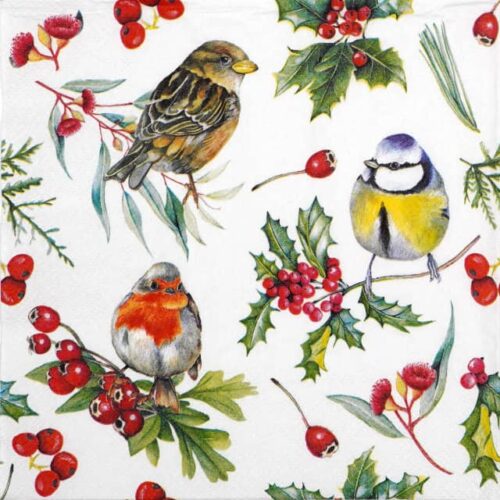 Paper napkin featuring various winter birds like robins and blue tits, amidst holly leaves and red berries for decoupage. Quarter of the napkin