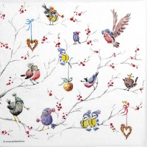 Charming paper napkin featuring a pattern of colorful, festive birds wearing hats and scarves, perched on bare winter branches with red berries and hanging heart/bauble ornaments, for decoupage. Quarter of the napkin
