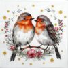 Quarter of a festive napkin showing two red-breasted robins perched on a snowy branch, surrounded by green winter foliage, red berries, and golden stars — ideal for decoupage.