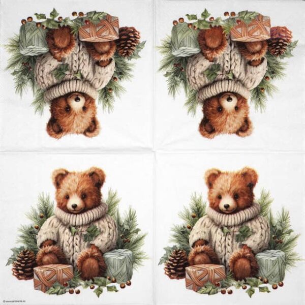 Full napkin design with a repeating pattern of a teddy bear in a cream sweater surrounded by pine branches, red berries, and Christmas gifts. Perfect for festive table décor and decoupage.