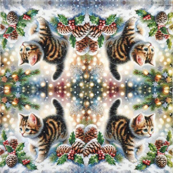 Full napkin design with a repeating scene of a tabby cat in the snow next to a gift box, surrounded by pine needles and falling snowflakes. Great for winter table décor and cat-themed crafts.