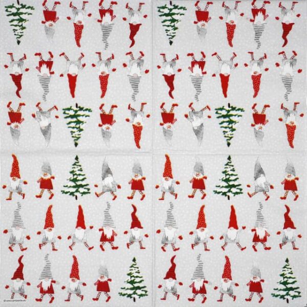 Festive paper napkin featuring a pattern of dancing gnomes wearing hats, surrounded by Christmas trees, for decoupage. Unfolded napkin