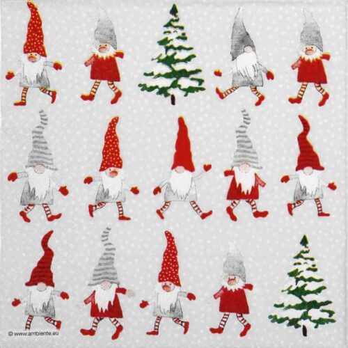 Festive paper napkin featuring a pattern of dancing gnomes wearing hats, surrounded by Christmas trees, for decoupage. Quarter of the napkin