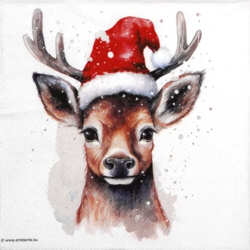 Quarter of a festive napkin showing a cute young deer with antlers wearing a red Santa hat on a white background. Perfect for Christmas decoupage crafts.