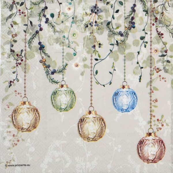 Elegant Christmas decoupage napkin featuring hanging faceted ornaments in gold, green, blue, and rose, suspended from delicate winter floral branches with berries on a subtle grey background. Quarter of the napkin