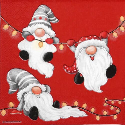 Festive Christmas decoupage napkin with three whimsical gnomes in red and grey hats interacting with a string of golden holiday lights on a vibrant red background. Quarter of the napkin.