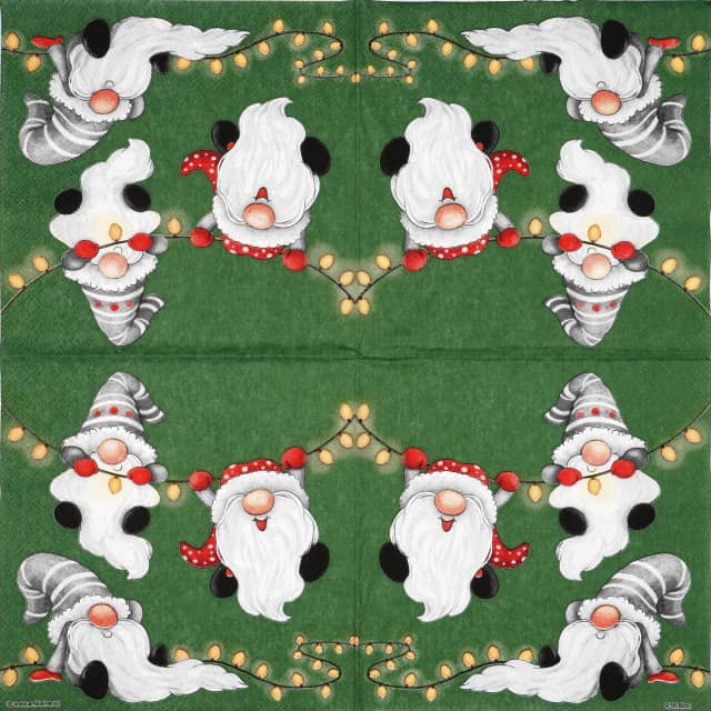 Festive Christmas decoupage napkin with three whimsical gnomes in red and grey hats interacting with a string of golden holiday lights on a vibrant red background.