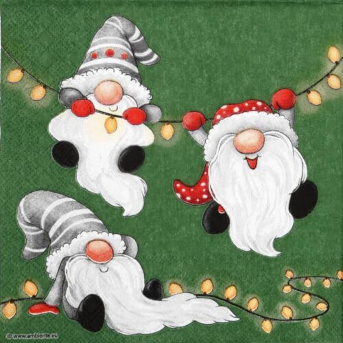 Festive Christmas decoupage napkin with three whimsical gnomes in red and grey hats interacting with a string of golden holiday lights on a vibrant green background.