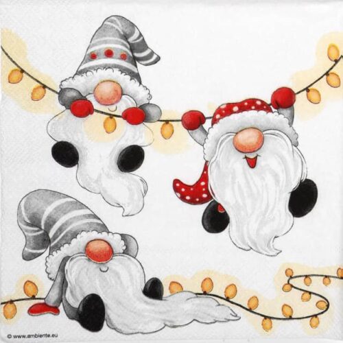 Festive Christmas decoupage napkin with three whimsical gnomes in red and grey hats playfully interacting with a string of golden holiday lights on a clean white background. Quarter of the napkin.