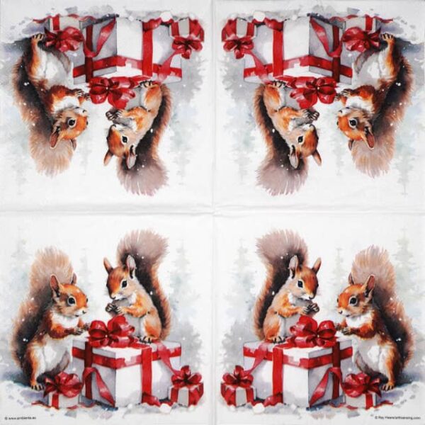Festive Christmas decoupage napkin featuring two adorable red squirrels interacting with beautifully wrapped white and red gifts in a snowy winter forest scene. Unfolded napkin.