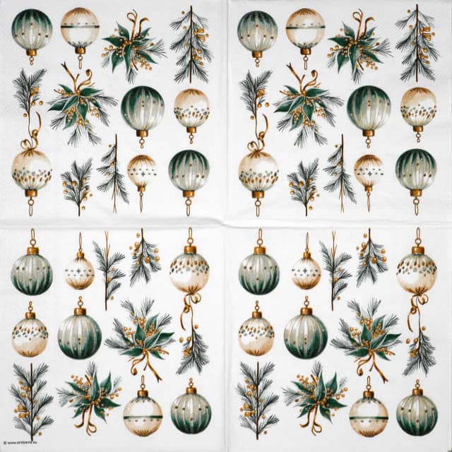 Elegant Christmas decoupage napkin featuring a pattern of muted green, white, and gold hanging ornaments mixed with pine branches and golden berry clusters on a white background. Unfolded napkin.