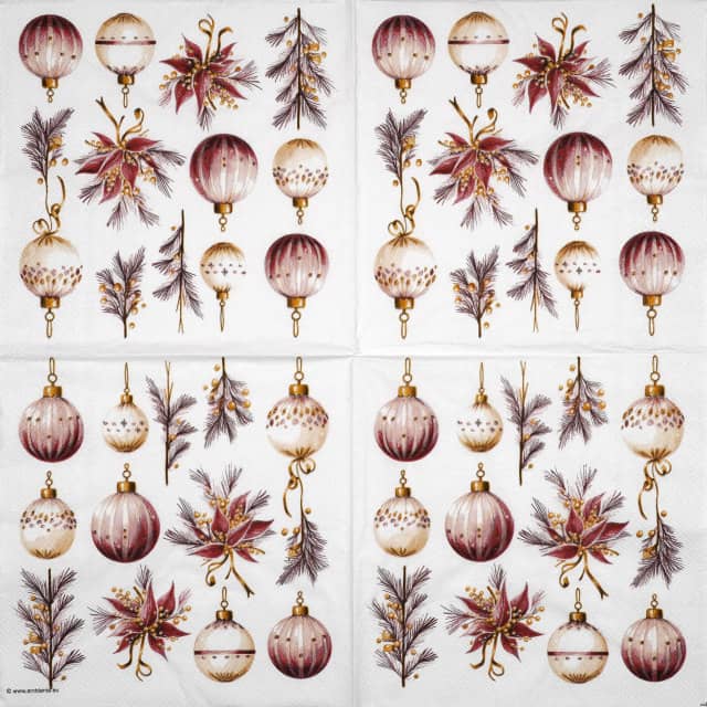 Elegant Christmas decoupage napkin featuring a pattern of muted bordeaux, white, and gold hanging ornaments mixed with pine branches, berry clusters, and stylized red winter flowers on a white background. Unfolded napkin.