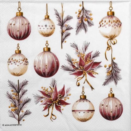 Elegant Christmas decoupage napkin featuring a pattern of muted bordeaux, white, and gold hanging ornaments mixed with pine branches, berry clusters, and stylized red winter flowers on a white background. Quarter of the napkin.