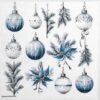Elegant Christmas decoupage napkin featuring a pattern of muted silver, white, and blue hanging ornaments mixed with pine branches, berry clusters, and stylized blue winter flowers on a white background.Quarter of the napkin