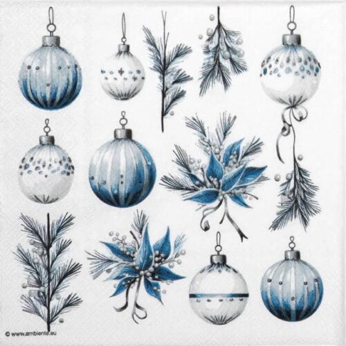 Elegant Christmas decoupage napkin featuring a pattern of muted silver, white, and blue hanging ornaments mixed with pine branches, berry clusters, and stylized blue winter flowers on a white background.Quarter of the napkin