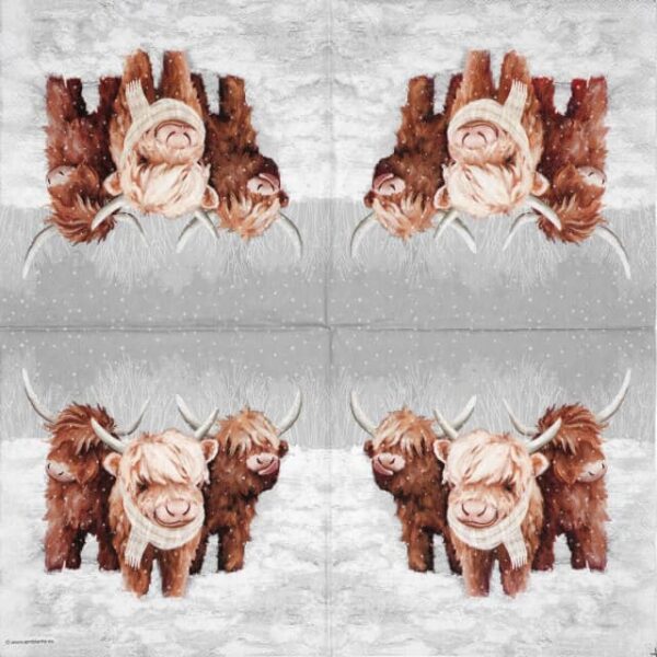 Full paper napkin design featuring repeated illustrations of three adorable Highland cows in a snowy winter landscape, one wearing a striped scarf – ideal for Christmas crafts and cozy decoupage.