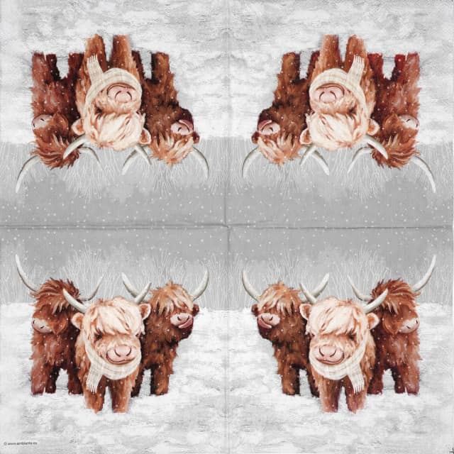 Full paper napkin design featuring repeated illustrations of three adorable Highland cows in a snowy winter landscape, one wearing a striped scarf – ideal for Christmas crafts and cozy decoupage.